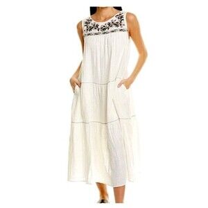 NWT Max Studio Women's Large White Embroidered Round Neck Sleeveless Maxi Dress